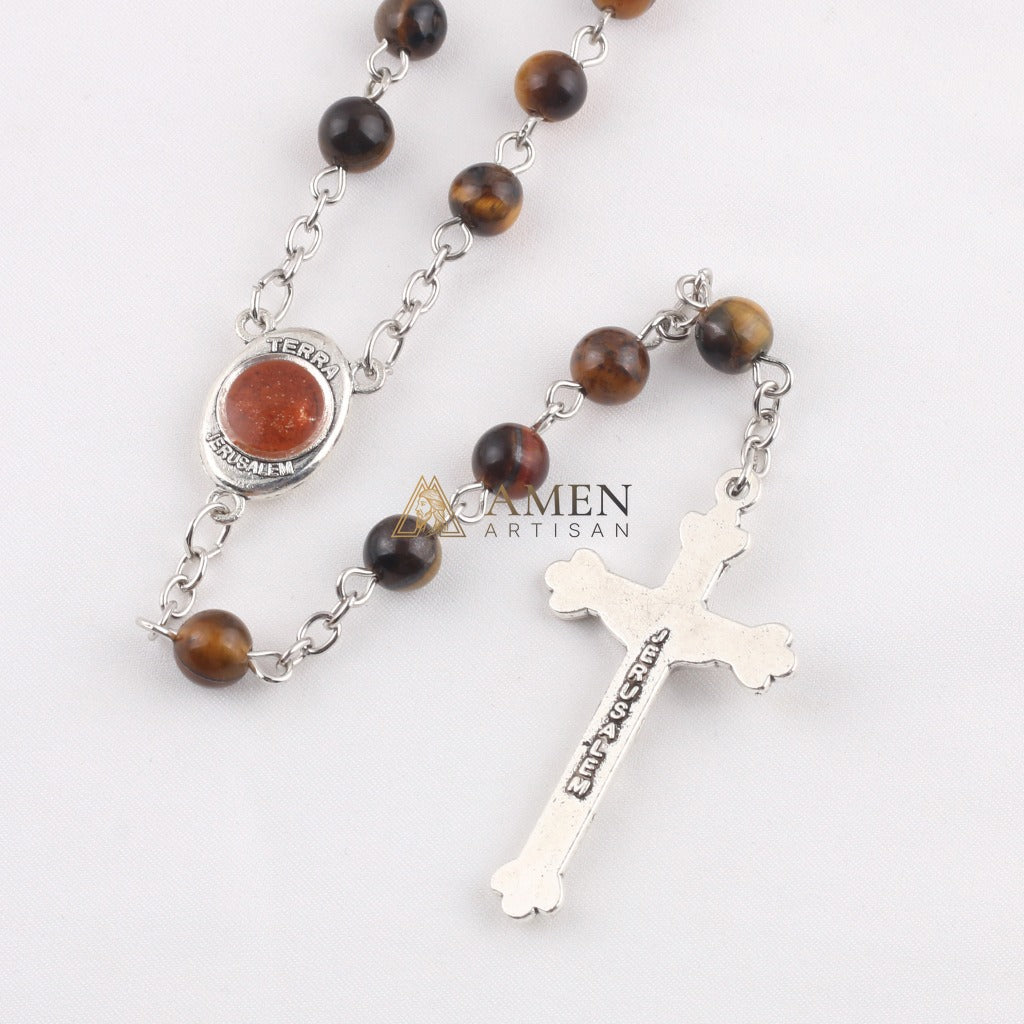 Tiger's Eye Saint Michael Crucifix Rosary  Amen Artisan