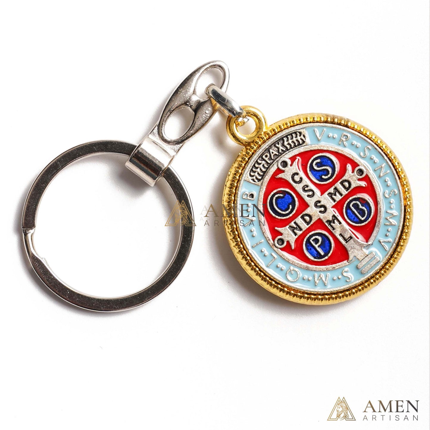 Llavero con medalla de San Benito artesanal Amén