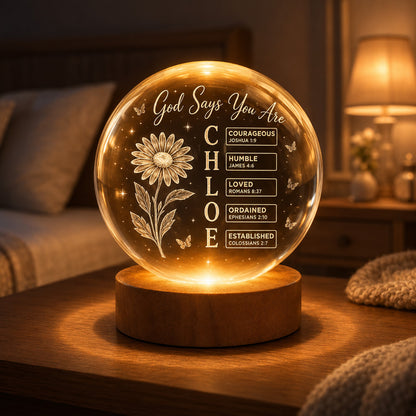 Personalized Crystal Ball Night Light with Name, Birth Flower & Bible Verse — Custom Christian 3D Engraved Keepsake Gift
