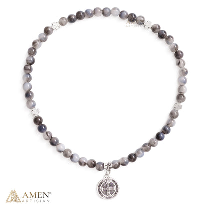 St. Benedict Medal Stretch Bracelet with Marbled Gray Beads
