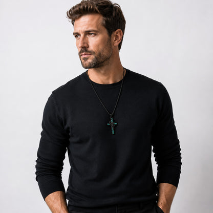 【DEAL TODAY】Crown of Thorns Cross Necklace with Natural Turquoise Inlay | Amen Artisan