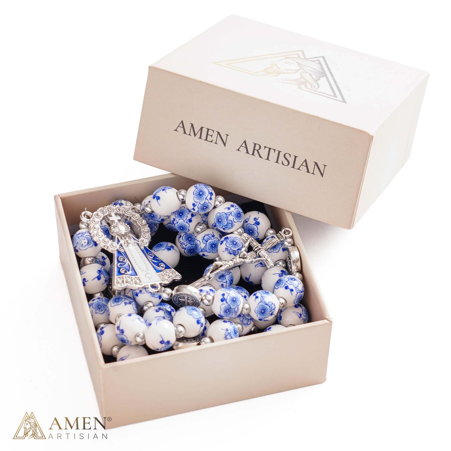 Blue Floral Ceramic Rosary with Marian Pendant and St. Benedict Medals — Grace and Peace | Amen Artisan