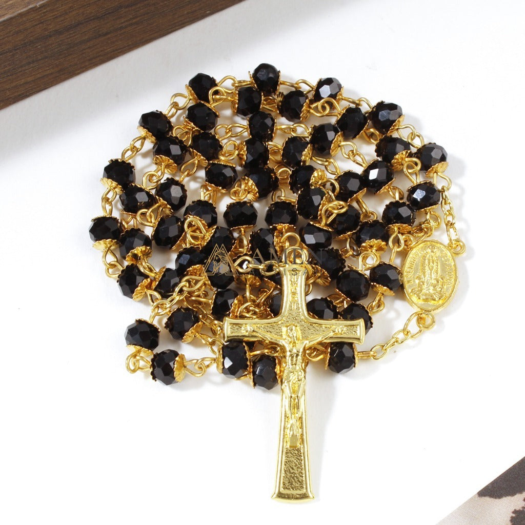 Black Glass Our Lady Crucifix Rosary Amen Artisan
