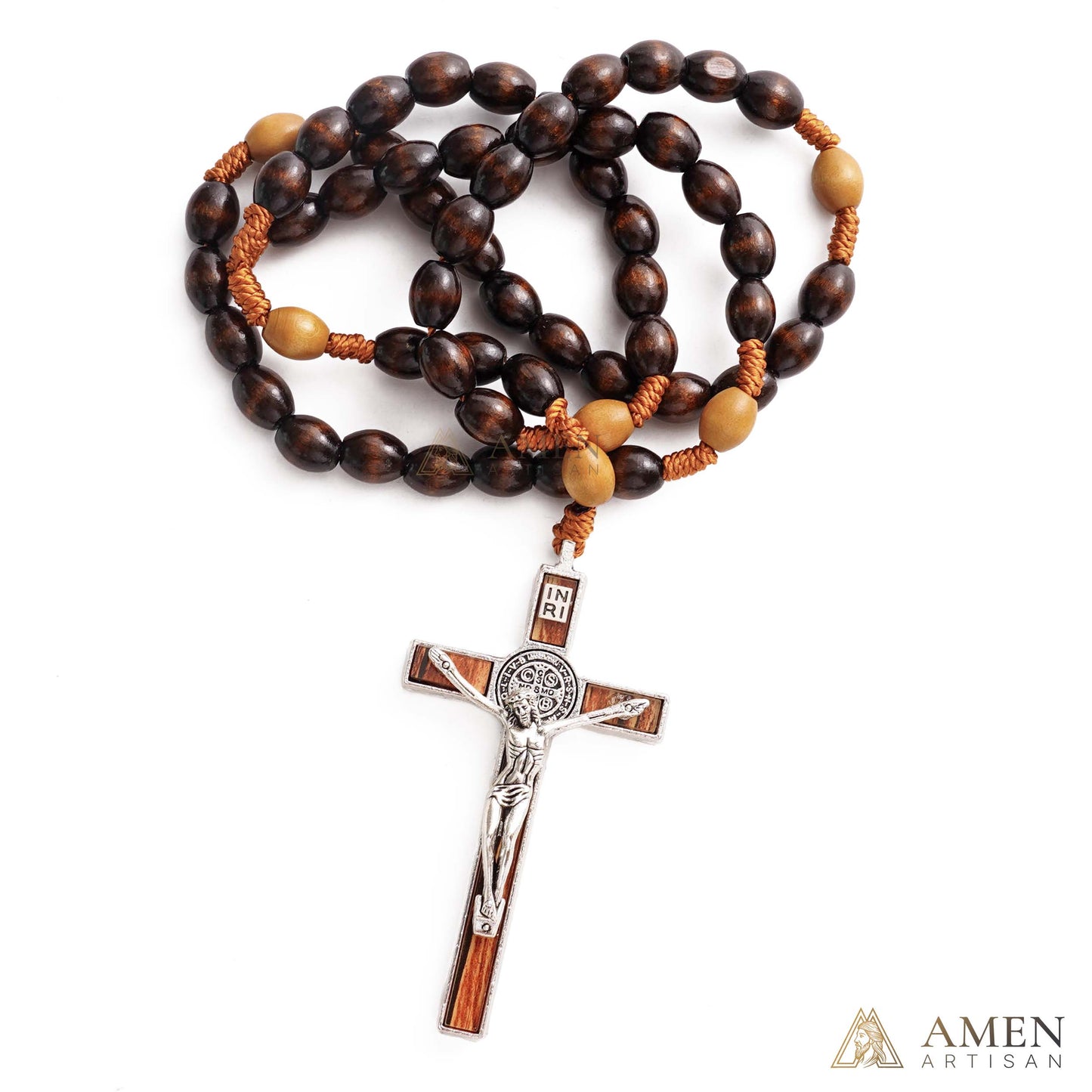 【Deal Today】Woven Cord Wooden Rosary with St. Benedict Medal Cross - Sacred Blessing | Amen Artisan