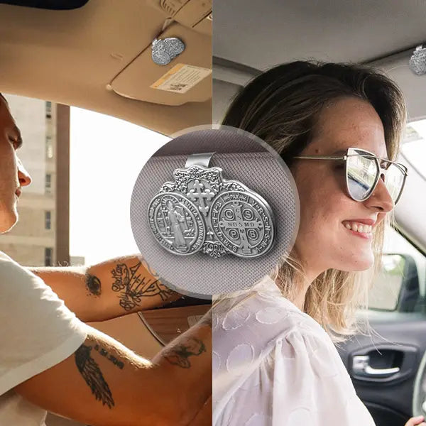 Acessórios para viseira de sol de carro Amém Artisan Medalha de São Bento Abençoe a segurança ao dirigir