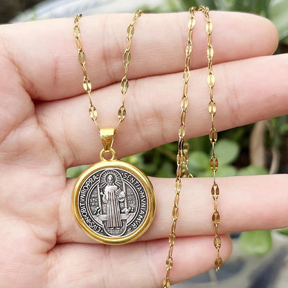 Gold Trim Saint Benedict Medal Necklace